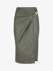 Jupe style portefeuille mi-longue en simili - Kaki - 5