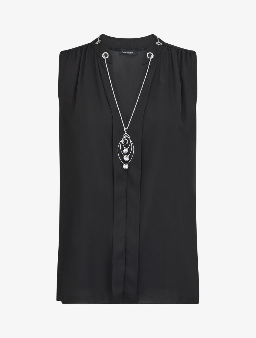 Top sans manches en voile avec bijou - Noir - 4