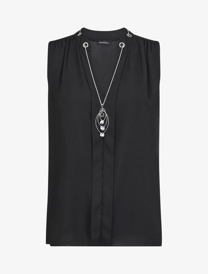 Top sans manches en voile avec bijou - Noir - 4