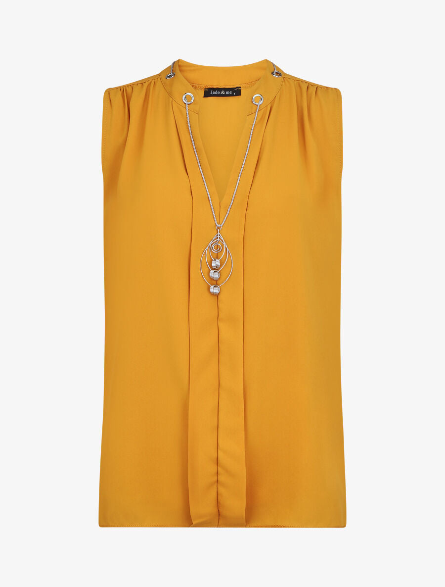 Top sans manches en voile avec bijou - Jaune moutarde - 1