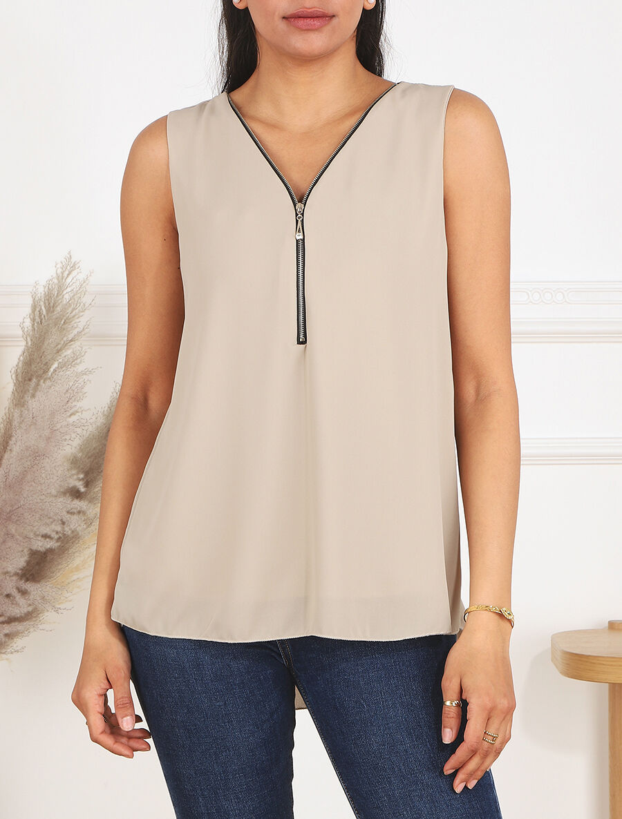 Top en voile à col zippé - Beige - 4