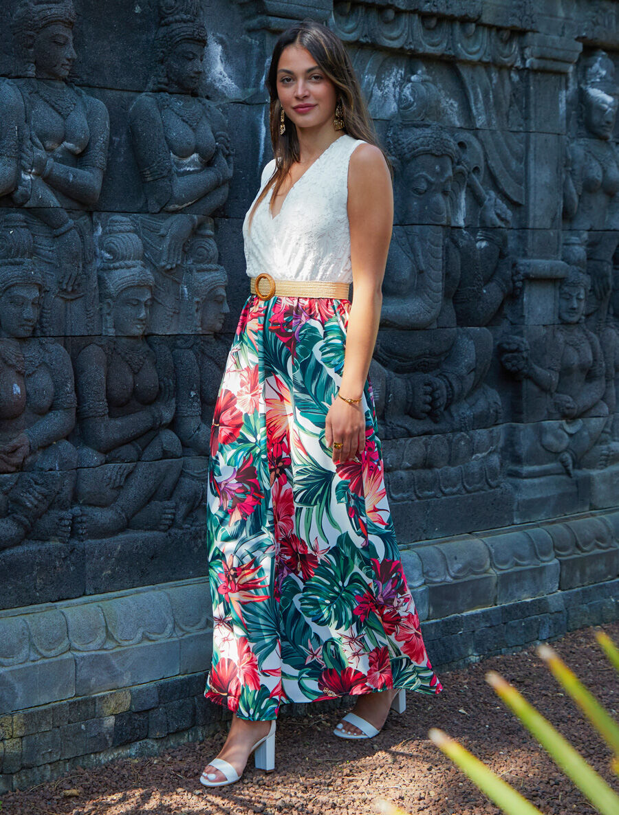 Robe longue bicolore imprimé fleurs tropicales - Blanc - 4