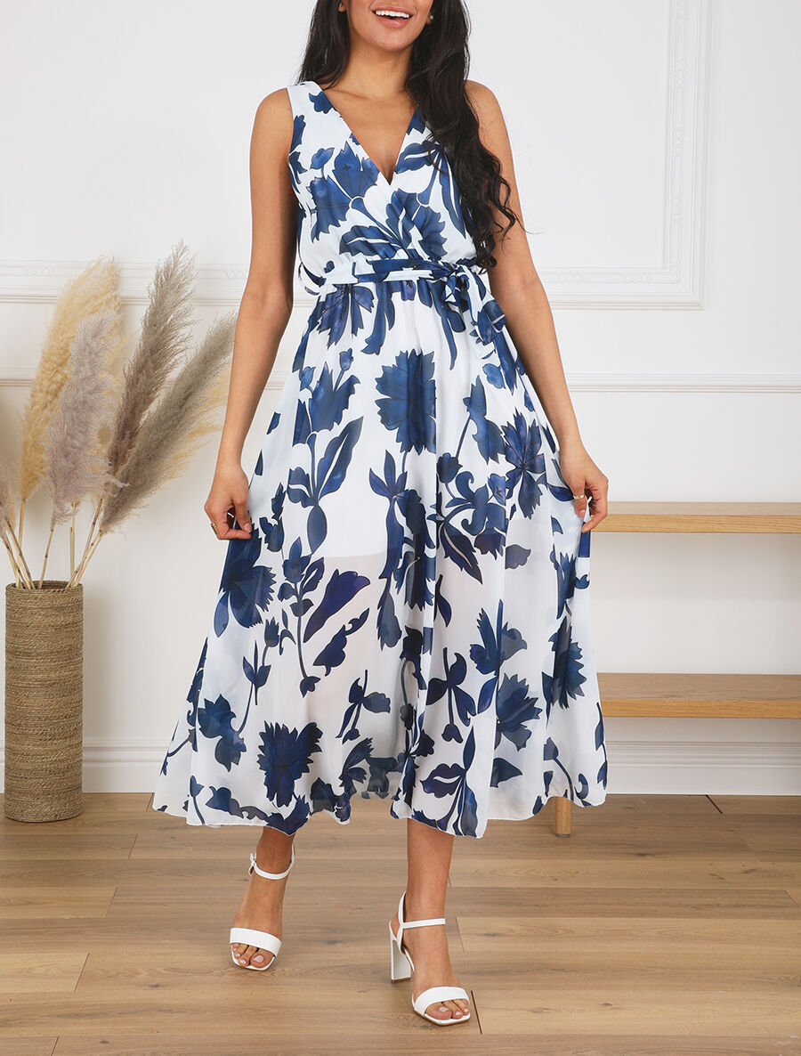 Robe imprimé fleurs et dos en V - Marine - 4