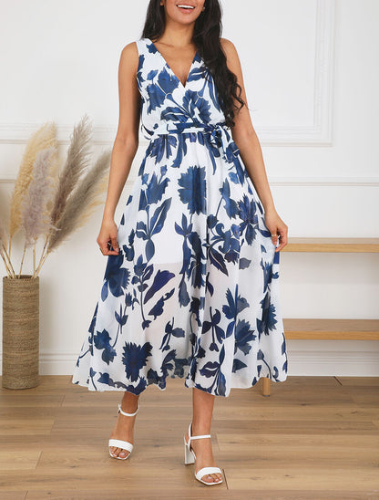 Robe imprimé fleurs et dos en V - Marine - 4