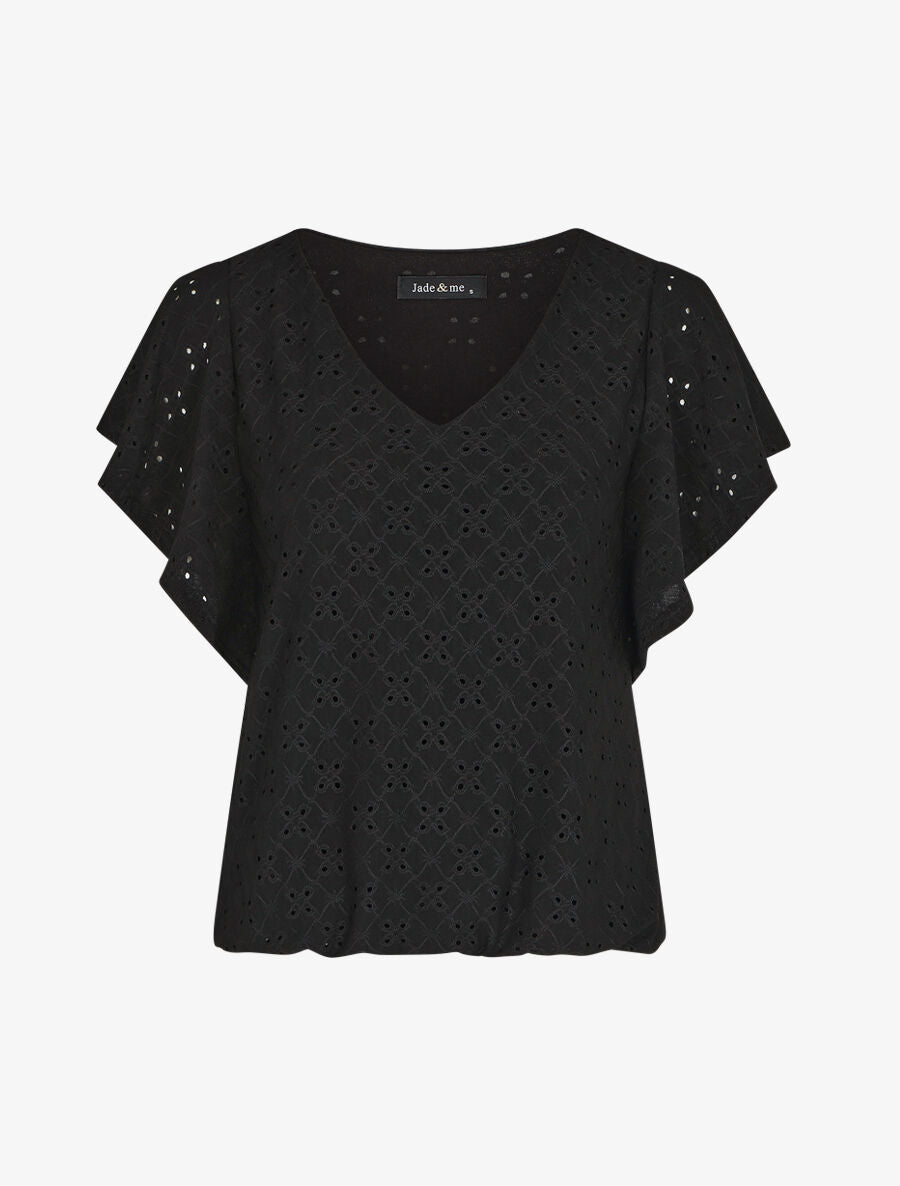 Top à manches volantées et broderies - Noir - 4
