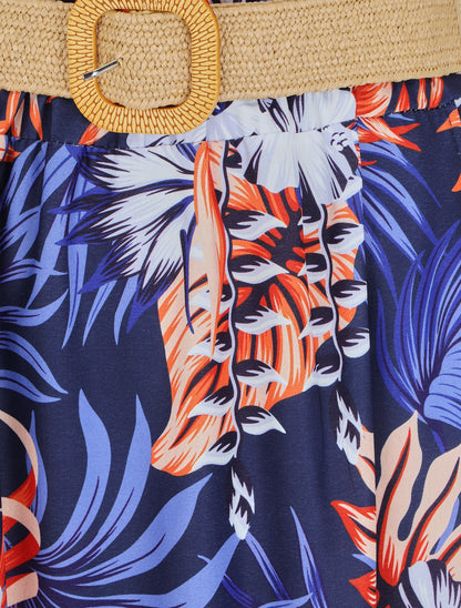 Jupe longue taille haute imprimé tropical - Marine - 3