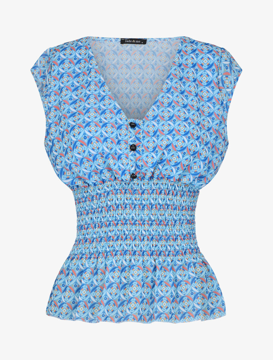 Top élastiqué imprimé graphique - Bleu - 1