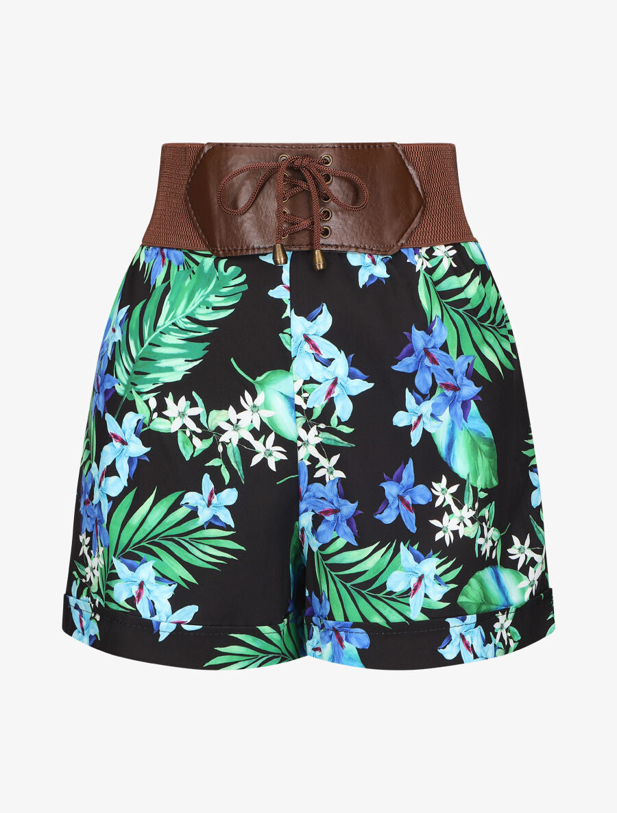 Short à taille haute style corset imprimé fleurs - Noir - 5