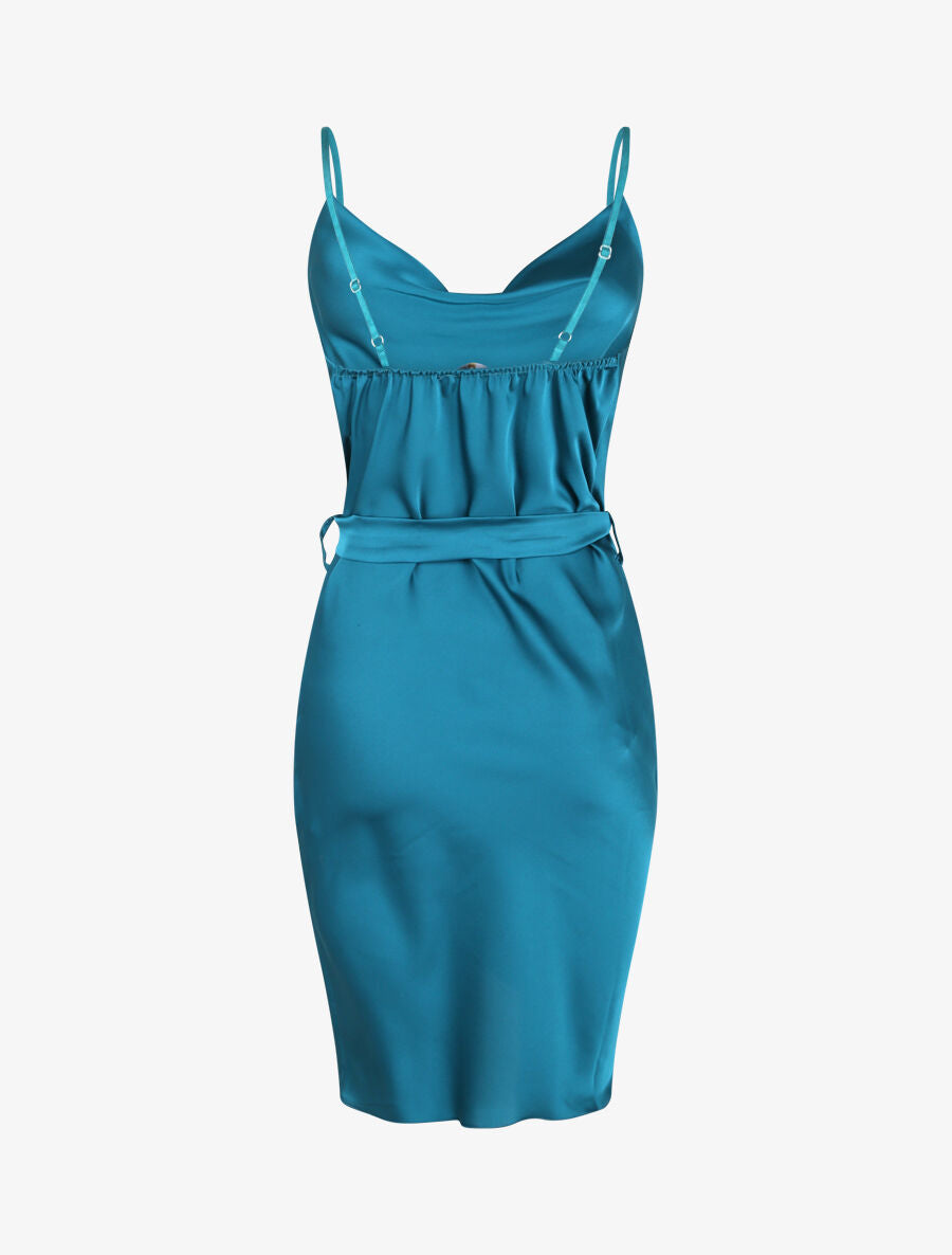 Robe satinée à col bénitier - Bleu canard - 2
