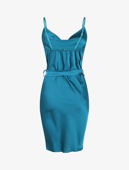 Robe satinée à col bénitier - Bleu canard - 2