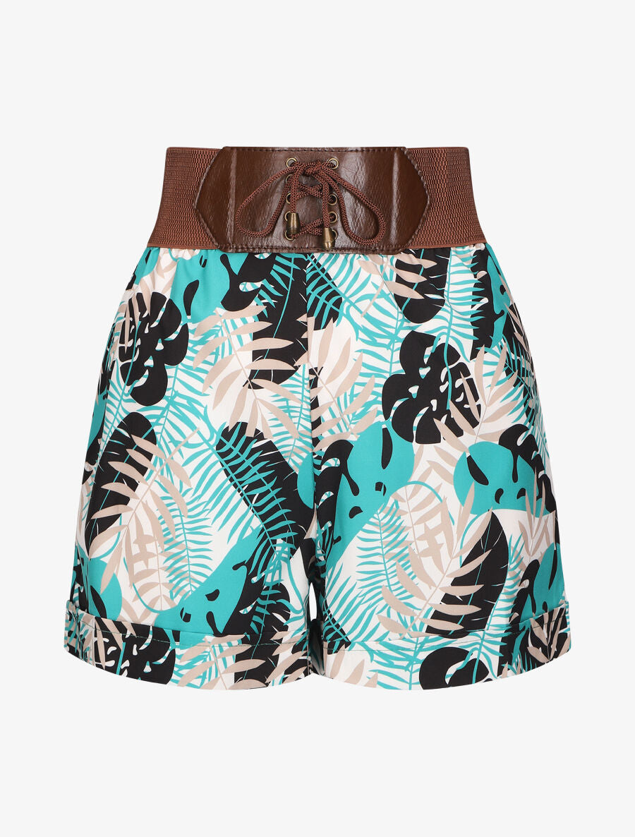 Short à taille haute style corset imprimé tropical - Bleu canard - 1