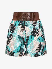 Short à taille haute style corset imprimé tropical - Bleu canard - 1