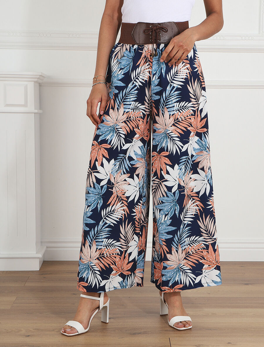 Pantalon ample motif tropical - Marine - 4