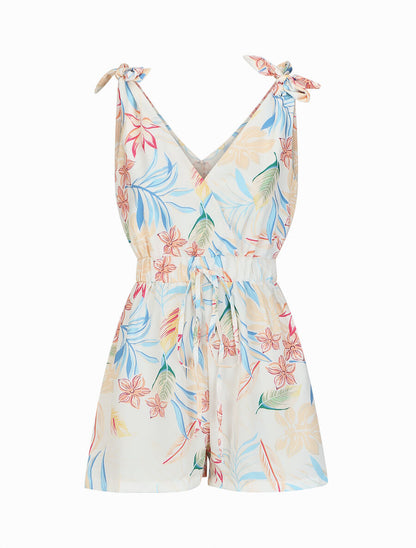Combishort imprimé fleurs à taille élastiquée - Blanc - 4