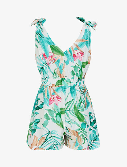 Combishort imprimé fleurs tropicales à taille élastiquée - Blanc - 2