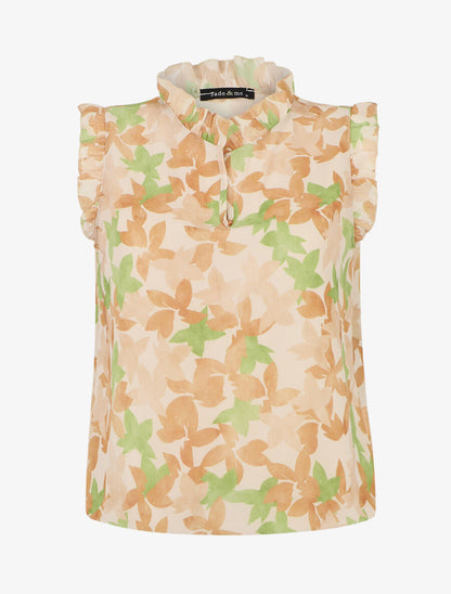 Top imprimé feuilles sans manches à volants - Beige - 1