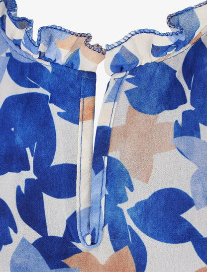 Top imprimé feuilles sans manches à volants - Bleu roi - 3