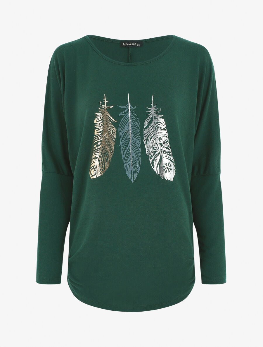Pull ample à imprimé plumes irisées - Vert sapin - 1