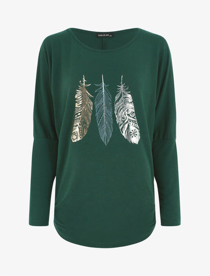Pull ample à imprimé plumes irisées - Vert sapin - 1