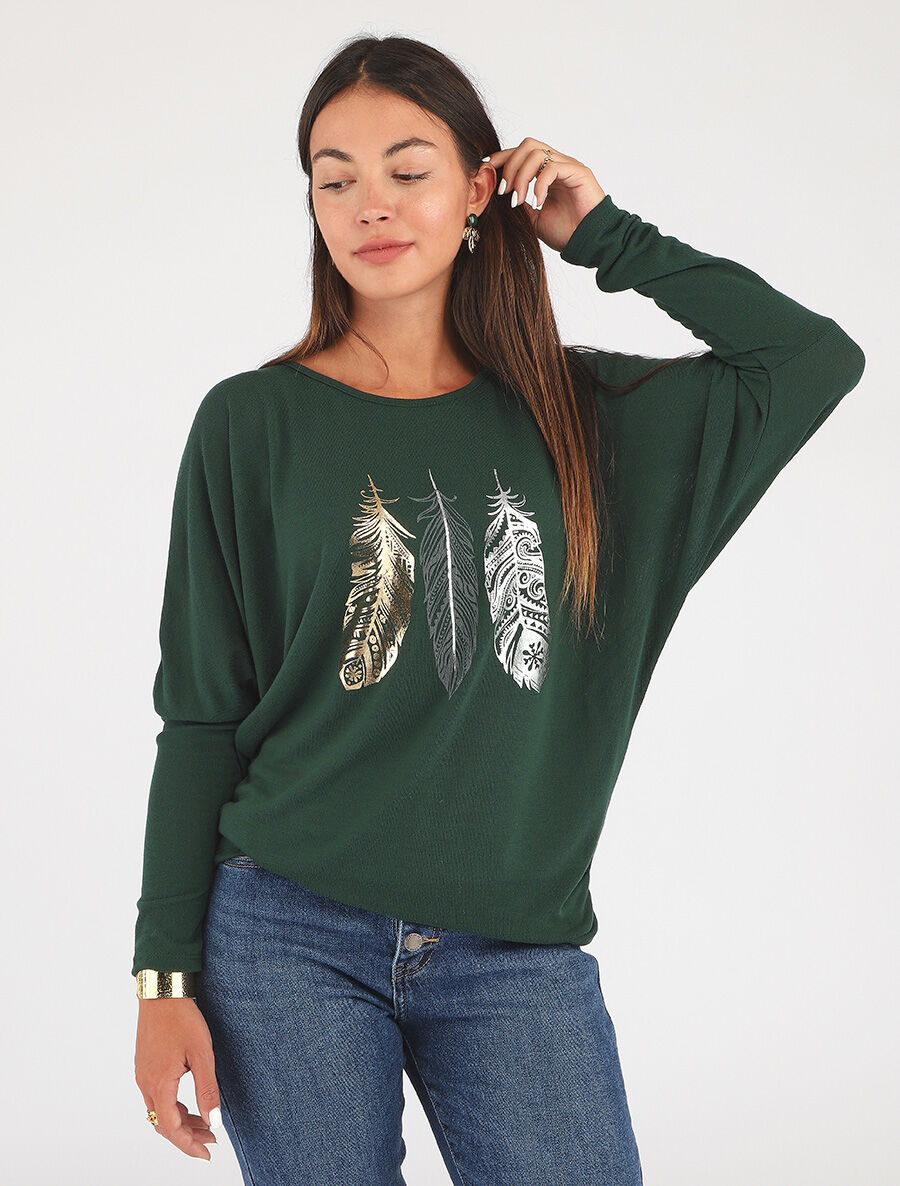 Pull ample à imprimé plumes irisées - Vert sapin - 4