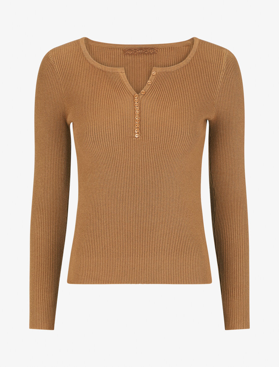 Pull côtelé manches longues - Camel - 1