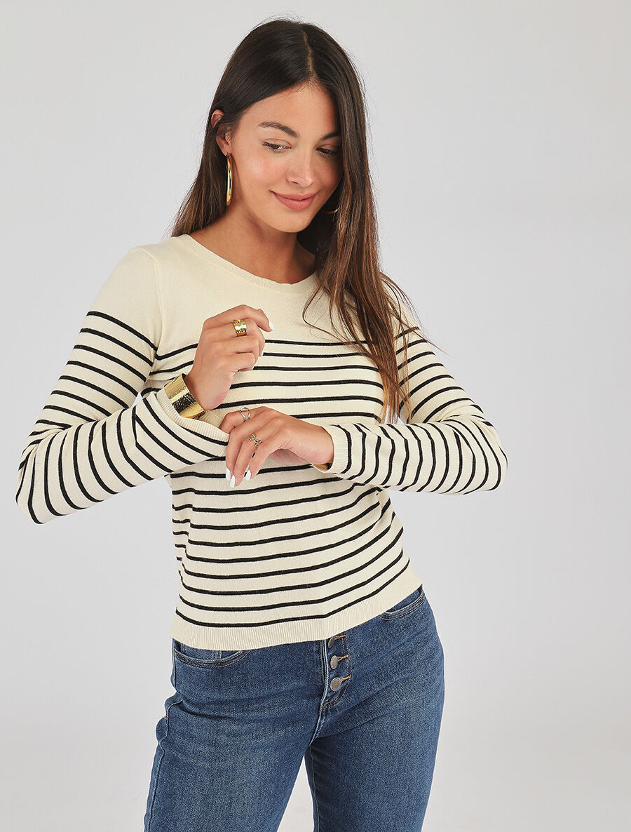 Pull marinière manches longues - Beige - 4