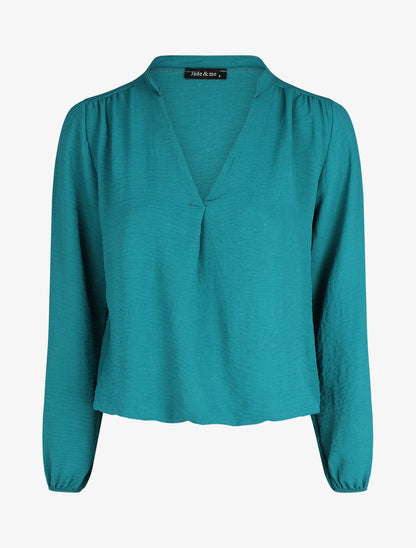Blouse droite unie à manches longues et col V - Bleu canard - 6