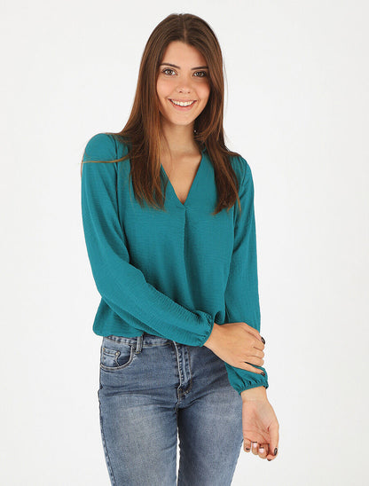 Blouse droite unie à manches longues et col V - Bleu canard - 4
