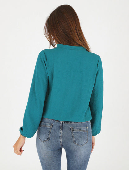 Blouse droite unie à manches longues et col V - Bleu canard - 5