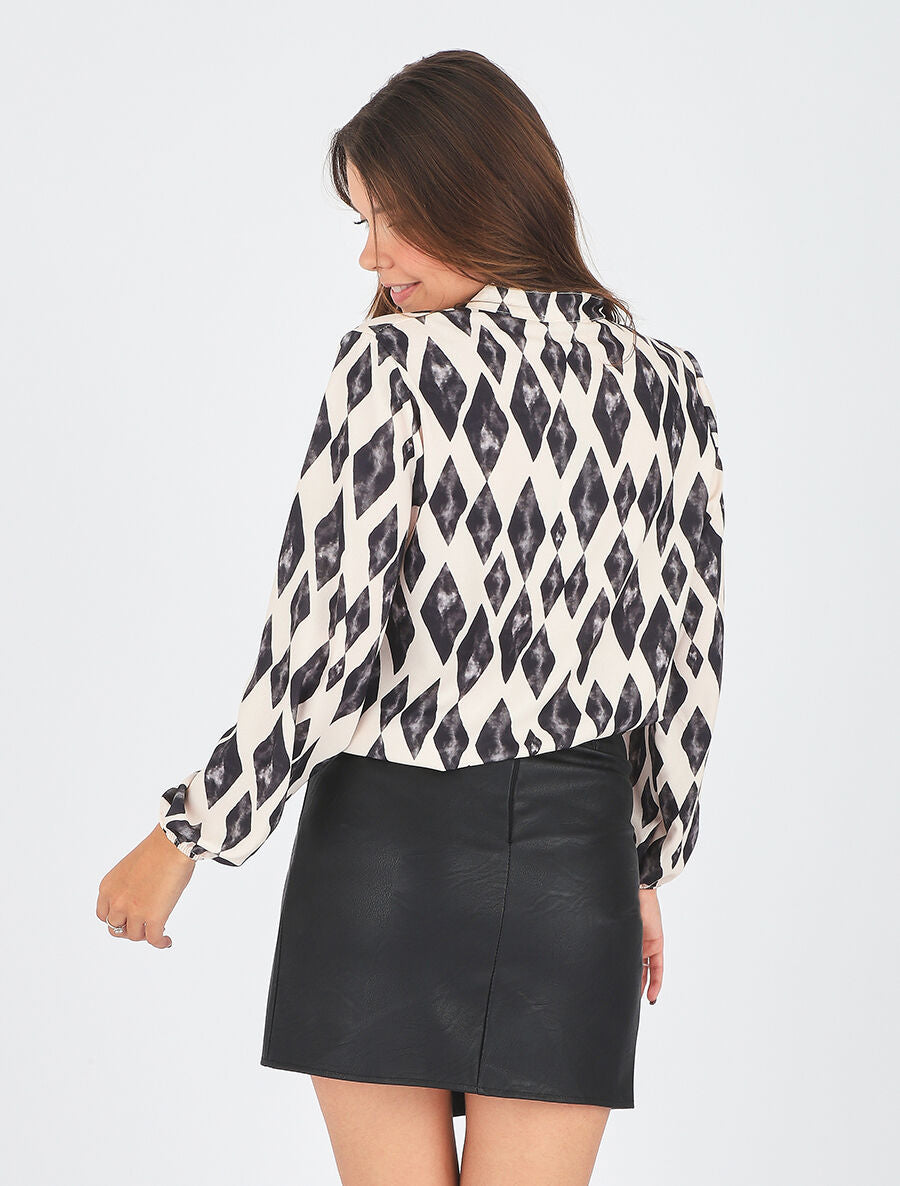 Top droit à manches longues imprimé losanges - Beige - 6