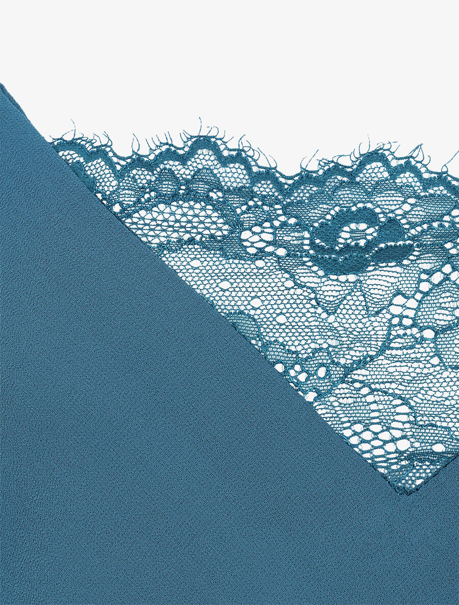 Caraco en voile à col à détail dentelle - Bleu canard - 3
