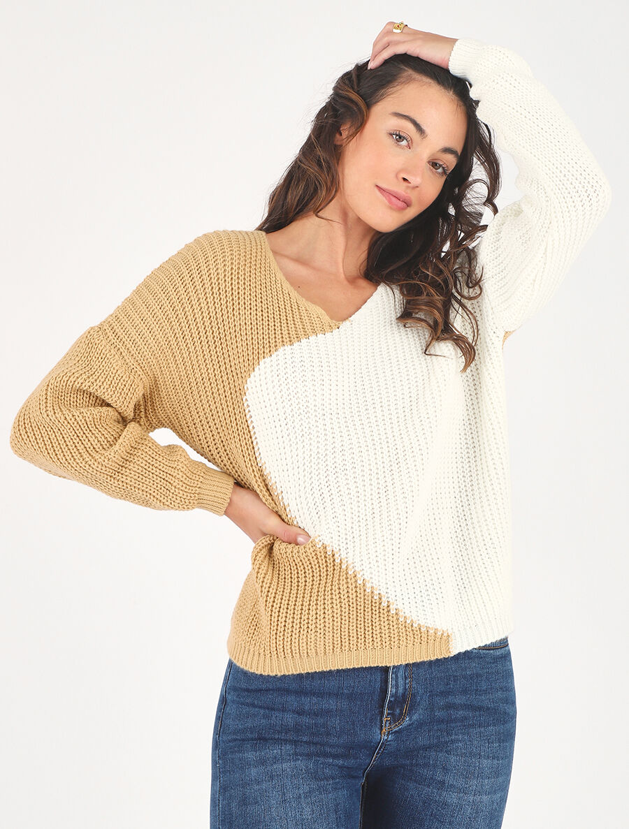 Pull droit bicolore - Beige/blanc - 4