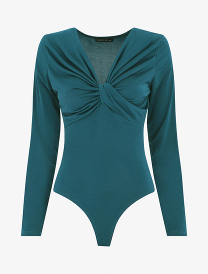 Body uni à col V drapé - Bleu canard - 6