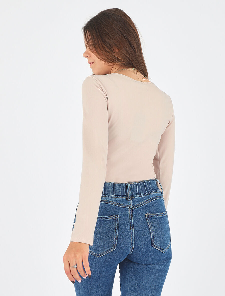 Body uni à col V drapé - Beige - 6