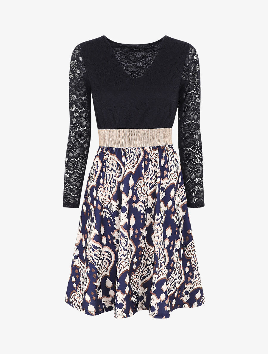 Robe à imprimé graphique et dentelle - Marine - 1