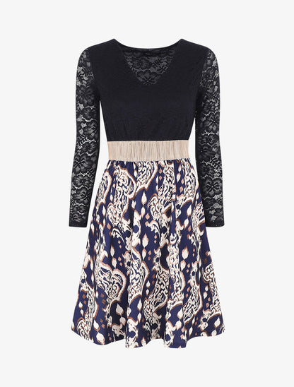 Robe à imprimé graphique et dentelle - Marine - 1