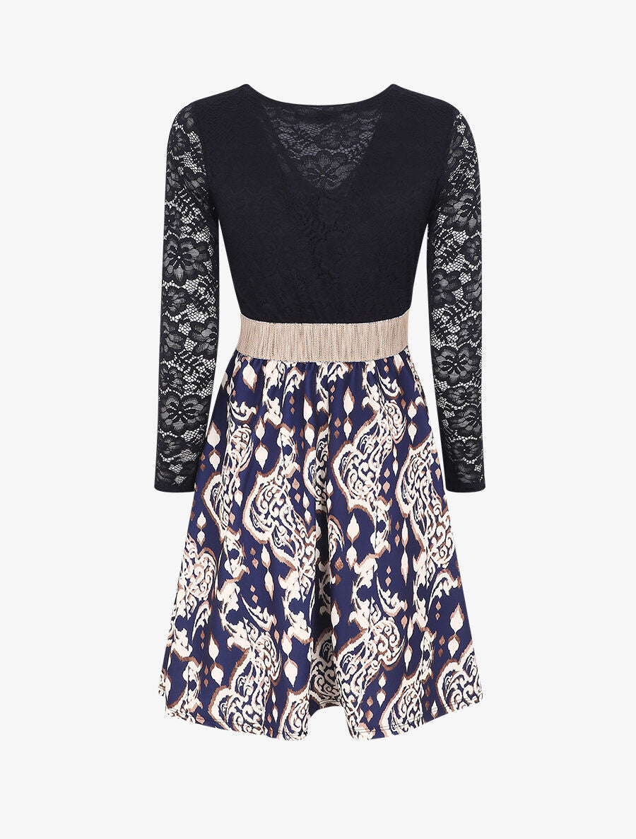 Robe à imprimé graphique et dentelle - Marine - 2