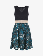 Robe évasée imprimé graphique et dentelle - Bleu canard - 1