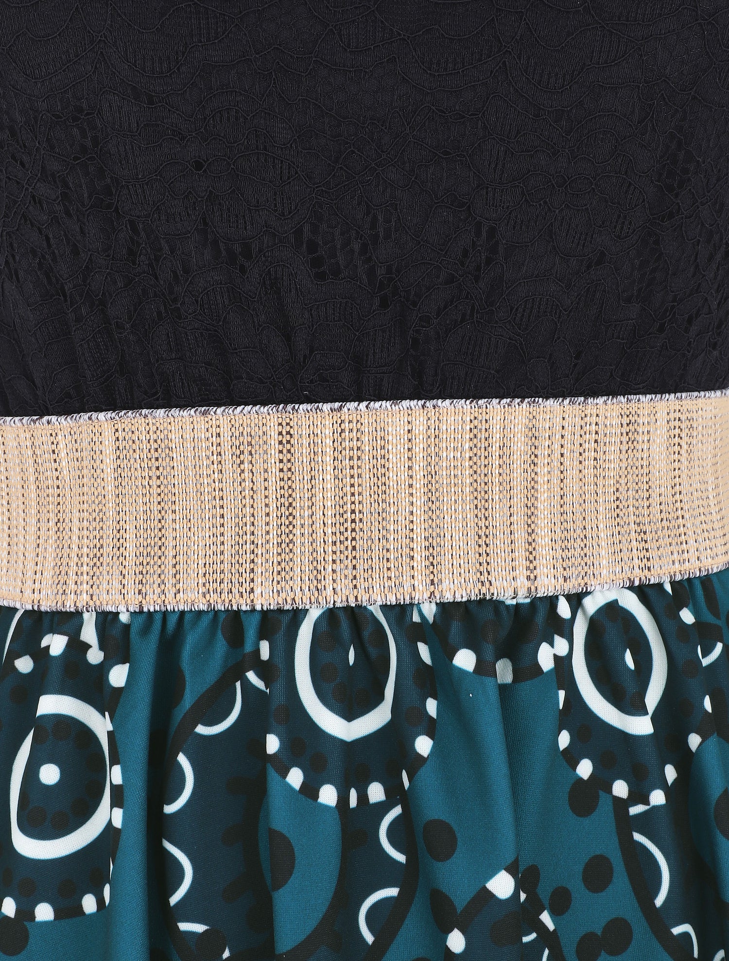 Robe évasée imprimé graphique et dentelle - Bleu canard - 3