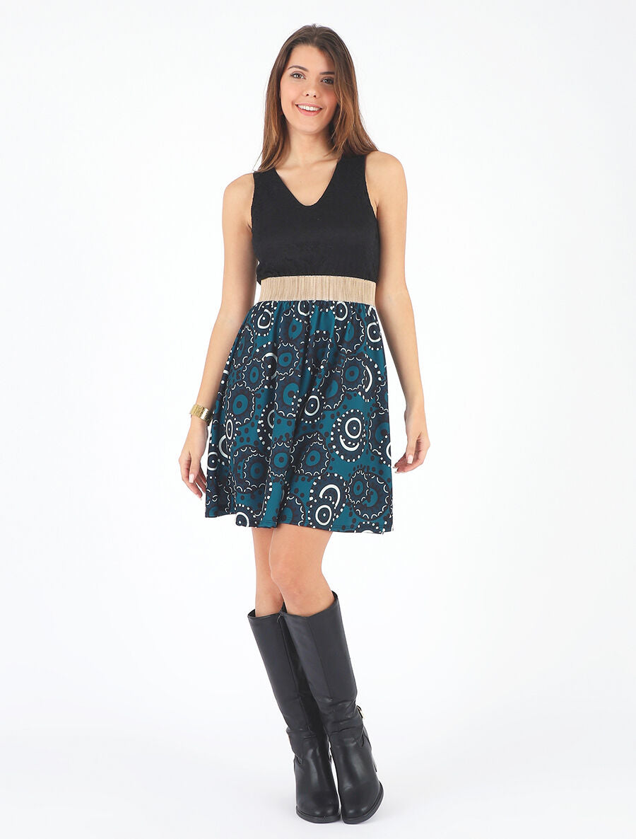 Robe évasée imprimé graphique et dentelle - Bleu canard - 4