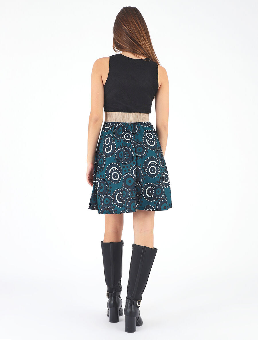 Robe évasée imprimé graphique et dentelle - Bleu canard - 5