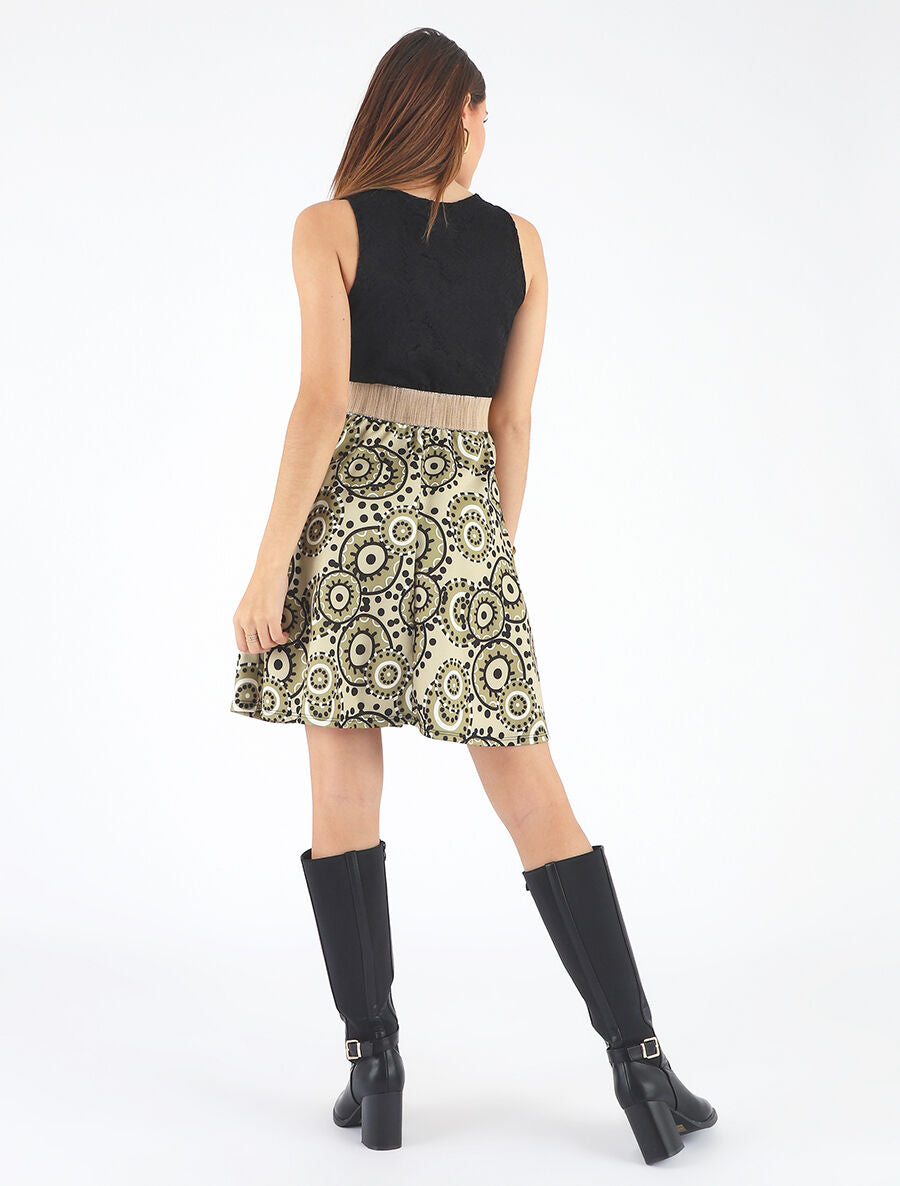 Robe évasée imprimé graphique et dentelle - Kaki - 5