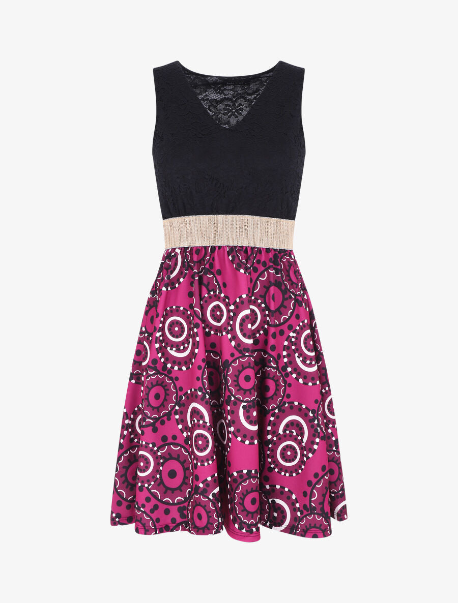 Robe évasée imprimé graphique et dentelle - Prune - 1
