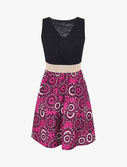 Robe évasée imprimé graphique et dentelle - Prune - 2