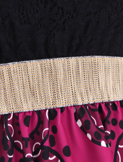 Robe évasée imprimé graphique et dentelle - Prune - 3