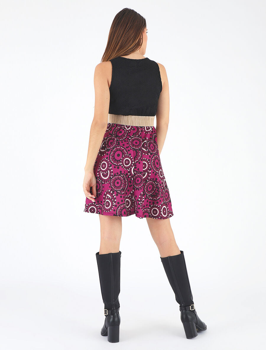 Robe évasée imprimé graphique et dentelle - Prune - 5