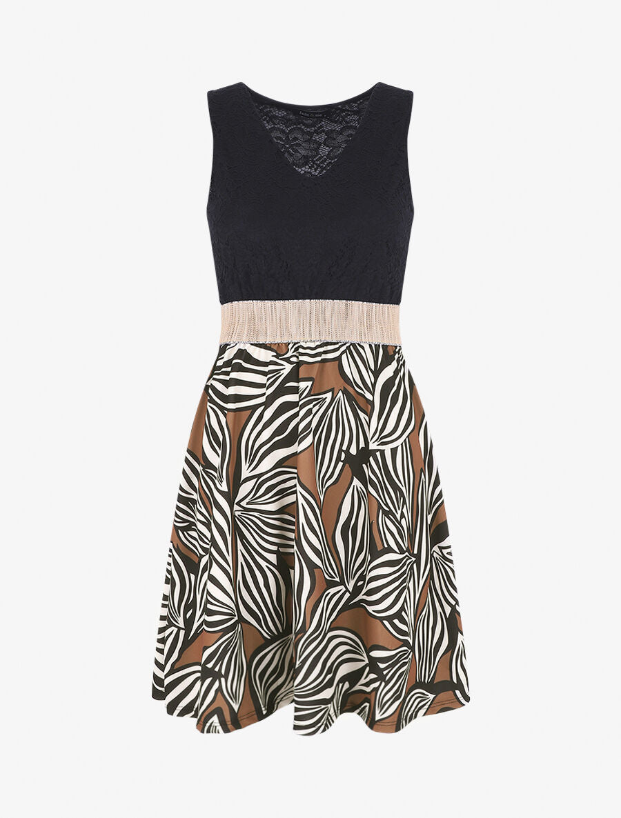 Robe courte évasée imprimé feuilles et dentelle - Marron - 6