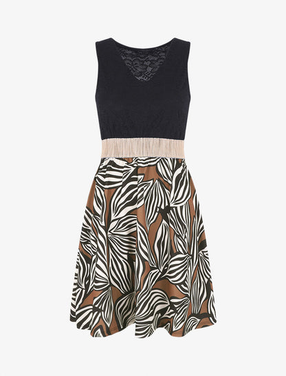 Robe courte évasée imprimé feuilles et dentelle - Marron - 6