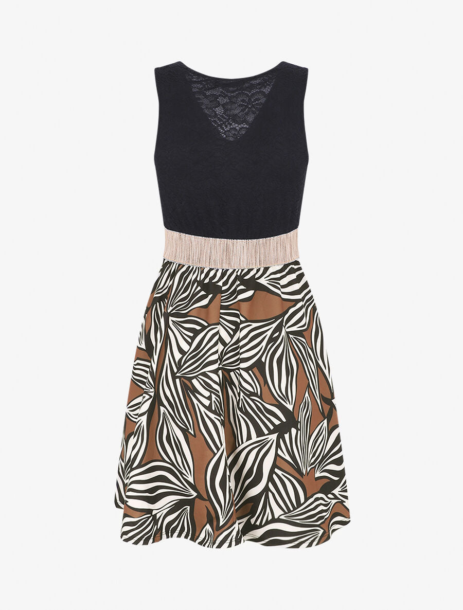 Robe courte évasée imprimé feuilles et dentelle - Marron - 2