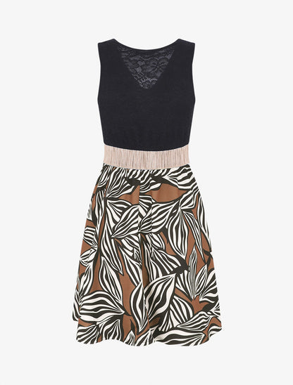 Robe courte évasée imprimé feuilles et dentelle - Marron - 2